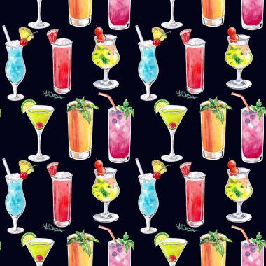 İçkiyle el çizimi suluboya deseni. Kokteyl, mojito, martini, meyve suyu.