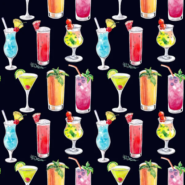 Hand drawn watercolor pattern with drink. Cocktail, mojito, martini, juice