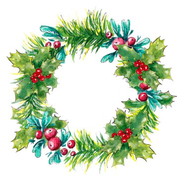 Yeni yılın sembolü olarak el çizimi suluboya Noel çelengi, Mutlu Noeller bayramı kutlaması