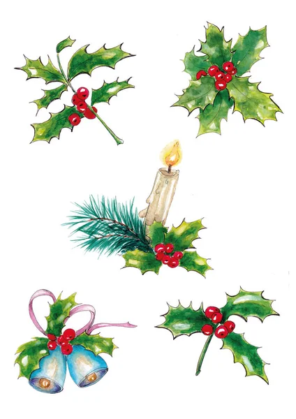 Hand Drawn Watercolor Christmas Set Evergreen Padub Ilex Berries Candle — Stock Photo, Image