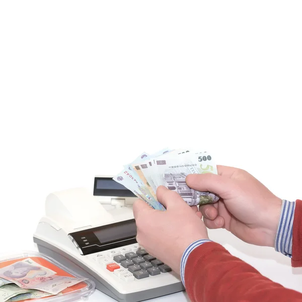 Man counting receipts and cash register on light background Romanian Lei Banknotes. Soft cool color. Stock Picture