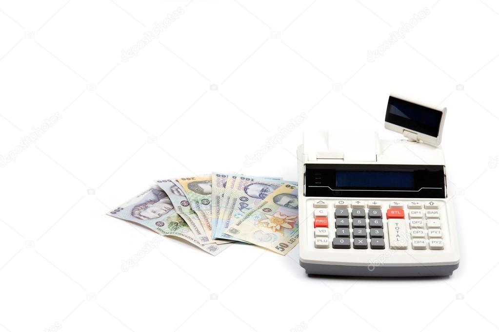 Money and cash register on light background Romanian Lei Banknotes. Soft cool color.