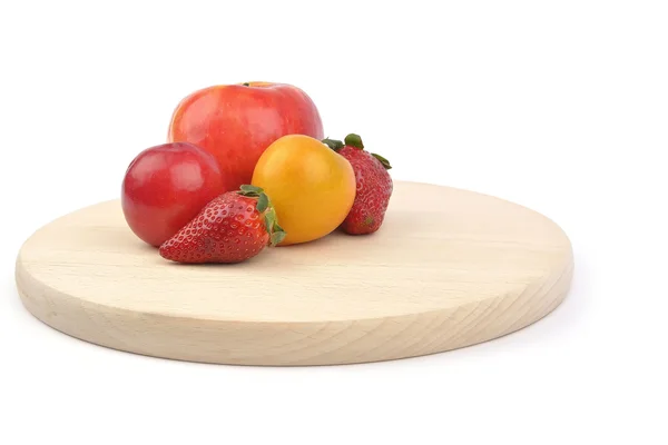 Apple, plum and strawberry on white background — Stock Photo, Image