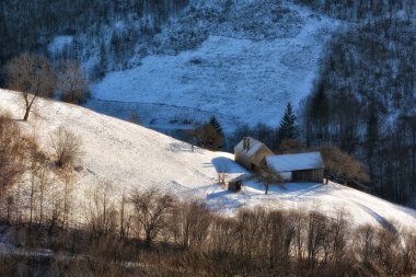 Güneşli bir kış, vahşi Transilvanya tepelerde donmuş. Holbav. Romanya. Düşük anahtar, koyu arka plan, spot aydınlatma ve zengin eski ustalar