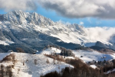 Arka planda Bucegi Dağları ile vahşi Transilvanya tepelerde bir kışın güneşli gün.