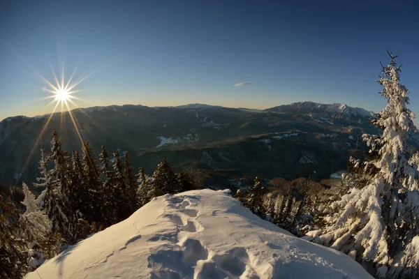 História de inverno. nascer do sol no topo da montanha Postavarul — Fotografia de Stock