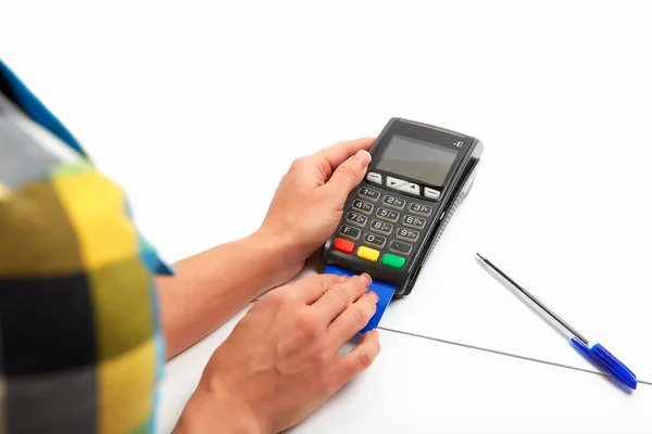 Woman Using Payment Terminal in a white background, Paying With Credit Card, Credit Card Reader, Finance Concept