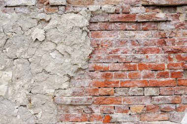 Vintage kırmızı tuğla duvar serpilir beyaz sıva doku arka plan ile