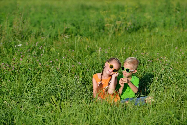 Grupo de niños felices en gafas de sol divirtiéndose en la hierba al aire libre . — Foto de Stock