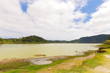 Panorama Lagoa das Furnas, Furnas, Sao Miguel, Azores, Portugal. 