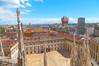 City view from Milan Cathedral Dome roof terrace in Milan, Italy.