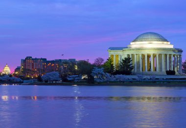 Washington Dc, ABD'deki kiraz çiçeği Festivali sırasında deprem Havzası içinde renkli gündoğumu.