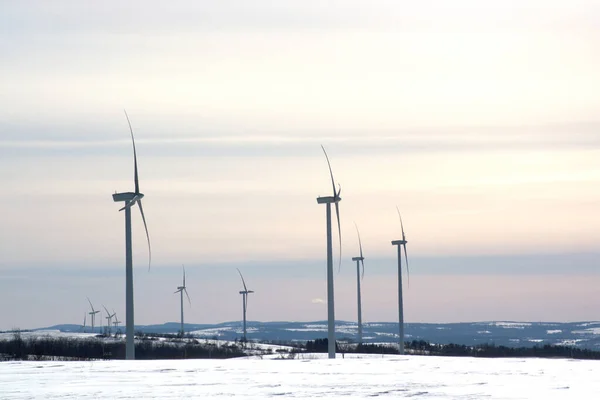 Windmill generators, snow landscape. Powerplant electric turbine. Clean energy and eco energy concept. — Stock Photo, Image