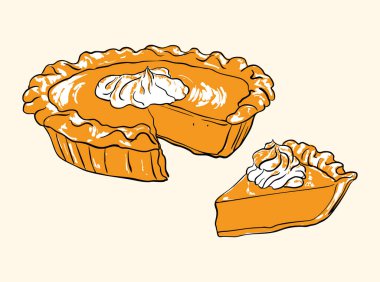 Vector illustration of a classic pumpkin pie with one slice and whipped cream topping. Perfect for Thanksgiving, autumn harvest, bakery menus, festive recipes, and seasonal food art.