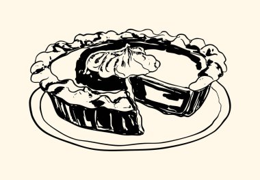 Delicious vintage-style pumpkin pie illustration with a creamy whipped topping and flaky crust. Perfect for Thanksgiving, autumn menus, bakery projects, seasonal food art, festive decorations, and holiday culinary designs.