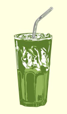 Stylish illustration of an iced matcha latte served in a clear glass with straw. A modern green tea beverage artwork ideal for cafe branding, menu design, digital prints, recipe cards, and summer drink collections.