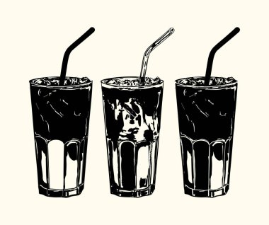 Stylish black and white illustration set of iced coffee drinks, including latte, espresso, cappuccino, and cold brew. Perfect for cafe menus, packaging, restaurant graphics, vintage beverage art, and coffee-themed digital designs.