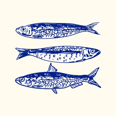 Sanatsal el yapımı sardalya ve konserve kutuları klasik deniz ürünleri ambalajından esinlenilmiş. Mutfak tasarımları, restoran menüleri, balık pazarı grafikleri, kıyı mutfağı sanatı ve retro yemek çizimleri için ideal..