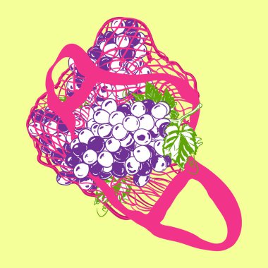 Illustration of ripe purple grapes in a pink reusable mesh bag with leaves. Ideal for vineyard themes, organic food projects, healthy lifestyle art, wine-related designs, grocery or market illustrations, and modern kitchen decor.