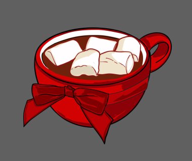 Noel tasarımları, kış menüleri, tatil ambalajları, tebrik kartları, çıkartmalar ve sıcak mevsimlik sanat eserleri için mükemmel sıcak kakaolu ve kırmızı kurdeleli sıcak çikolata..