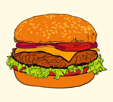 El yapımı klasik Amerikan çizimi çizimi, marul, domates, peynir ve etli köfte. Menüler, yemek paketleri, restoran tasarımları ve mutfak projeleri için mükemmel..