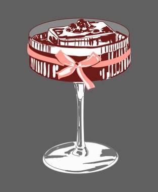 Dekoratif fiyonk, kiraz ve ışıltılı detayların yer aldığı şenlikli ve kaprisli bir Noel kokteyli illüstrasyonu. Tatil grafikleri, mevsimlik tasarımlar, parti temaları, kadınsı sanat eserleri ve kız işi Noel projeleri için mükemmel.. 