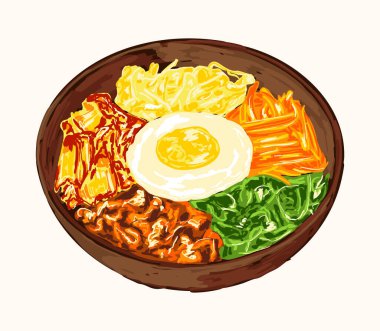 Lezzetli Kore bibimbap kasesi taze sebze, biftek, yumurta, kimçi ve gochujang sosu. Renkli, geleneksel bir yemek öğle veya akşam yemeği için mükemmel, otantik Kore mutfağı sergileniyor.