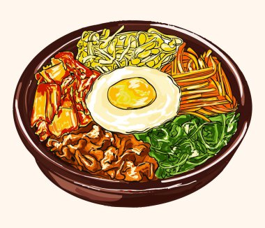 Sebzeli, yumurtalı, kimchili ve soslu Kore karışık pirinç kasesinin enfes klasik tasviri. Geleneksel bibimbap, Kore mutfağı ve gurme yemekleri sergilemek için mükemmel..