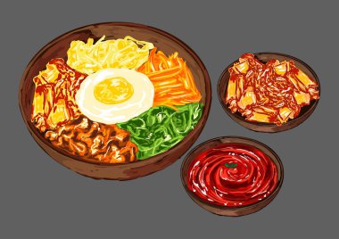 Lezzetli Kore bibimbap kasesi taze sebze, pirinç, yumurta ve baharatlı kimchi ve gochujang sosuyla servis edilen tuzlu biftek. Öğle veya akşam yemeği için mükemmel geleneksel Kore yemeği..
