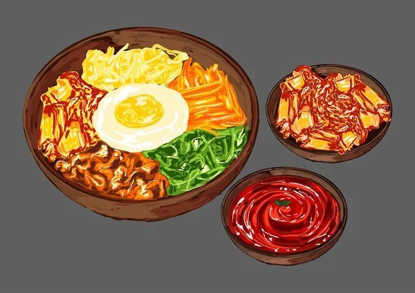Lezzetli Kore bibimbap kasesi taze sebze, pirinç, yumurta ve baharatlı kimchi ve gochujang sosuyla servis edilen tuzlu biftek. Öğle veya akşam yemeği için mükemmel geleneksel Kore yemeği..