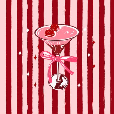 Kırmızı çizgili arka planda vişne kokteylinin elle çizilmiş hali Sevgililer Günü için mükemmel partiler, barlar, menüler ve şenlikli kutlamalar için. Mevsimsel veya romantik temalar için canlı ve renkli tasarım.