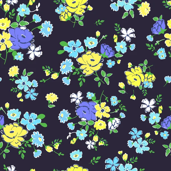 Modèle abstrait sans couture avec des fleurs bleues et jaunes isolées . — Image vectorielle