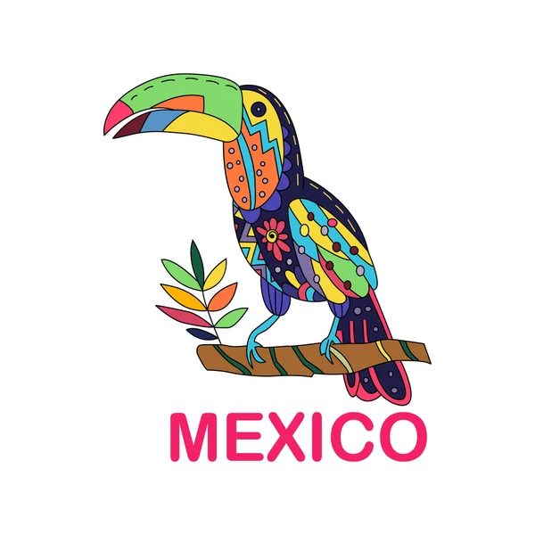 Isoliertes Vektorbild des mexikanischen Vogels. Tukan sitzt auf einem Zweig — Stockvektor