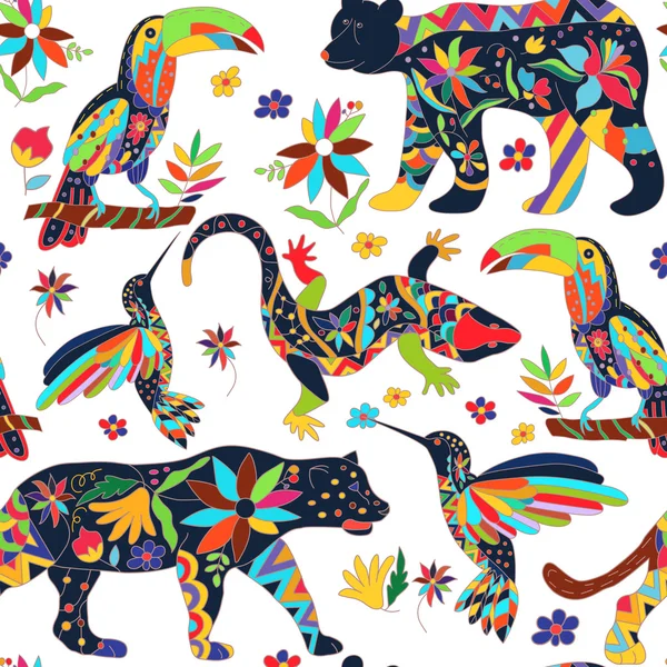 Seamless pattern with isolated Mexican animals and flowers. Vect — Stock Vector