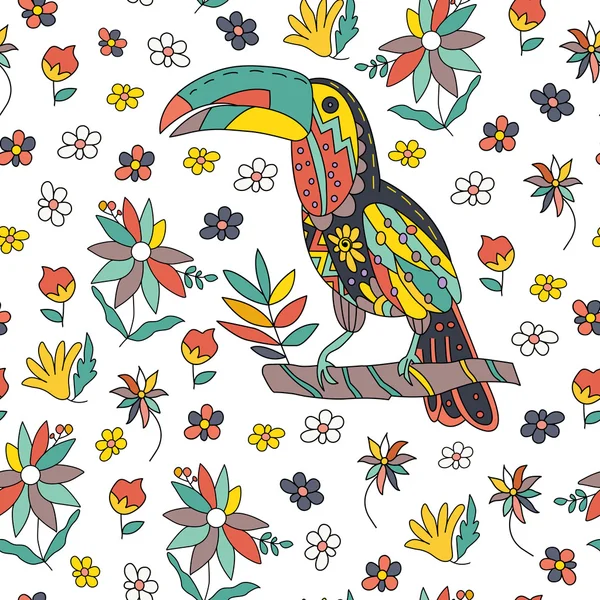 Kuş ve çiçek ile Seamless modeli. Bir kepek üzerinde oturan toucan — Stok Vektör