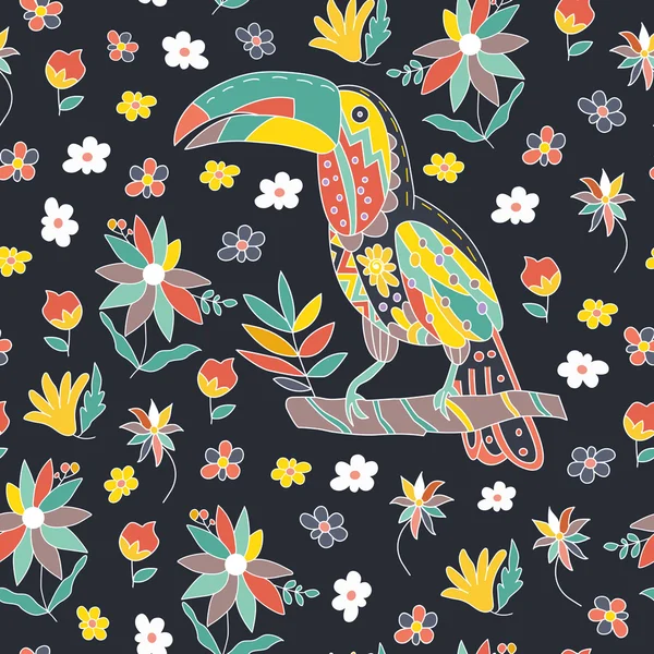 Χωρίς ραφή πρότυπο με πουλιά και λουλούδια. Toucan κάθεται σε ένα πίτουρο — Διανυσματικό Αρχείο