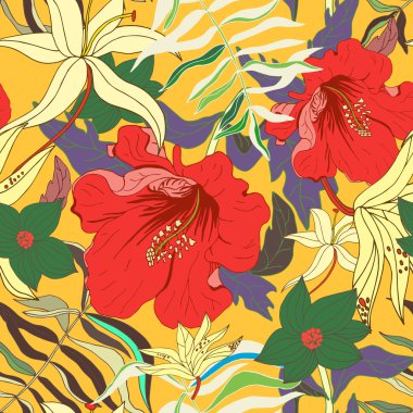 Renkli izole tropikal çiçek ile soyut dikişsiz desen