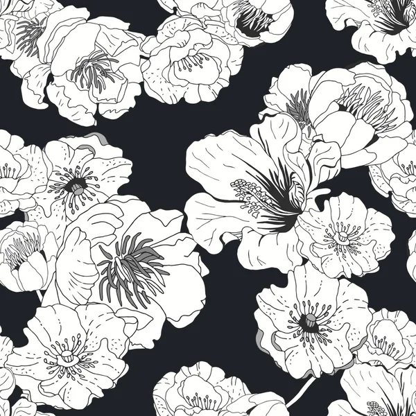 Fond floral sans couture. Fleurs isolées noir et blanc sur — Image vectorielle