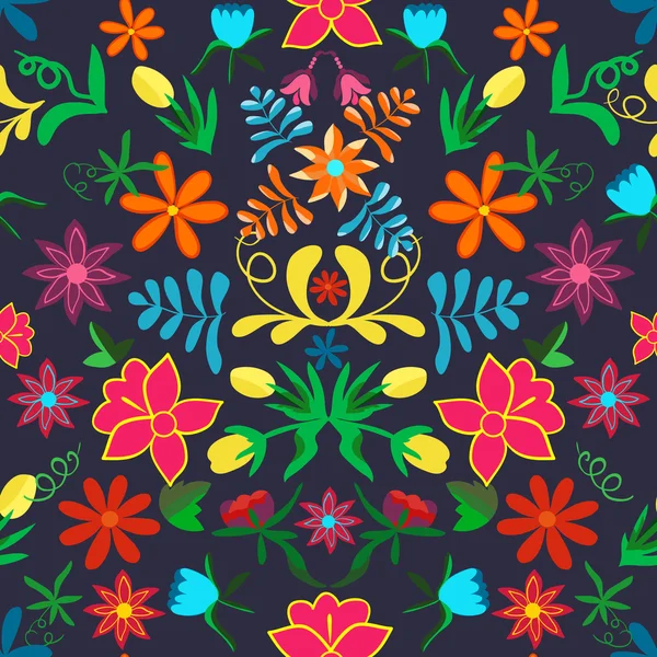 Fond floral sans couture. Fleurs et feuilles colorées sur bl foncé — Image vectorielle