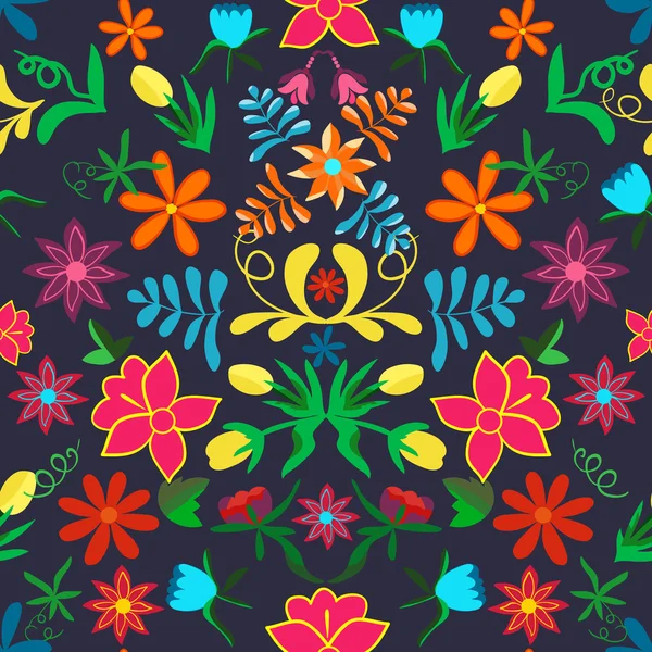 Fondo floral sin costuras. Flores y hojas coloridas en bl oscuro — Vector de stock