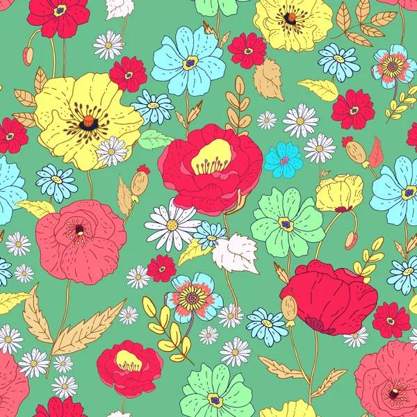 Fondo floral sin costuras. Flores y hojas aisladas en verde — Vector de stock