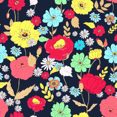 Dikişsiz çiçek arka plan. Mavi b üzerinde izole çiçekler ve yapraklar