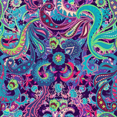 Sorunsuz Paisley arka plan. Renkli çiçekler ve yapraklar üzerinde karanlık b