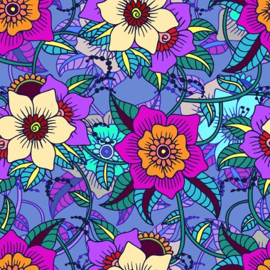 Sorunsuz Paisley arka plan. Renkli çiçekler ve yapraklar üzerinde mavi b