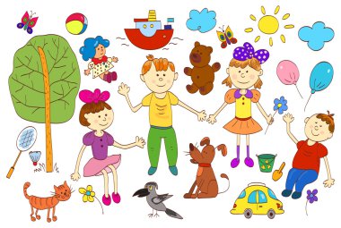 Evcil Hayvan, oyuncaklar, bitkiler, inci de dahil olmak üzere şirin Childs'ın hayat dizi doodle