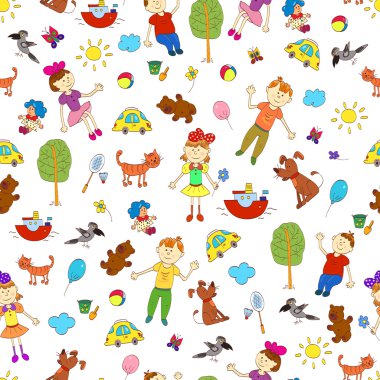 Evcil hayvanlar da dahil olmak üzere şirin Childs'ın yaşam seamless modeli doodle, oyuncak