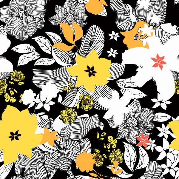 Abstract seamless pattern with isolated black and white, yellow