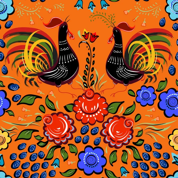 Fondo Folk inconsútil. Flores coloridas y hojas con pollas o — Vector de stock