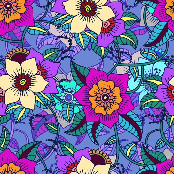 Fond d'écran Paisley sans couture. Fleurs et feuilles colorées sur fond bleu b — Image vectorielle