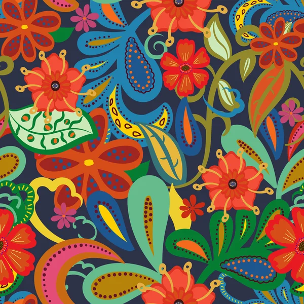 Fondo Paisley sin costuras. Flores y hojas de colores en azul b — Vector de stock